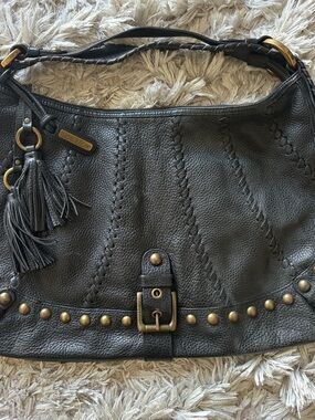 Isabella Fiore Black Leather Shoulder Bag with Tassel and Brass Studs 18 x 11
